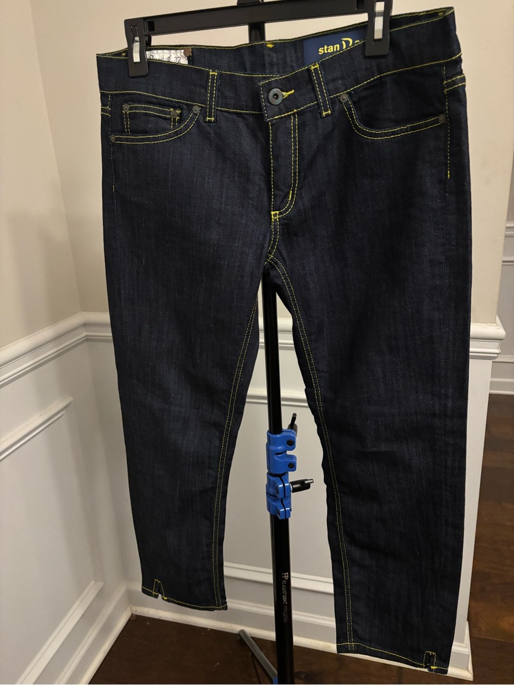 Dondup Dark Wash Denim Jeans with Vibrant Neon Yellow Stitching Size 32